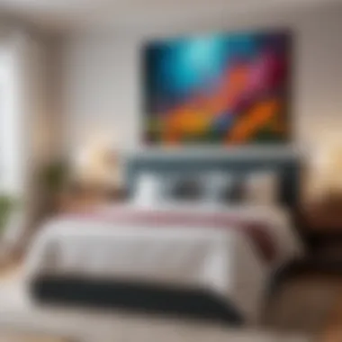 Vibrant color palette used in artwork creating a focal point in a serene bedroom.