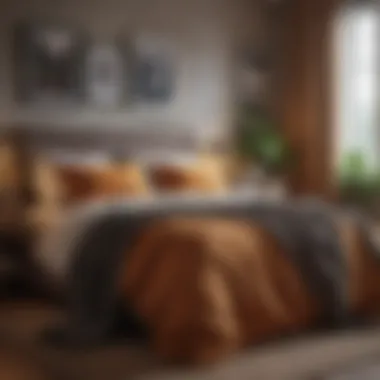 Cozy bedroom featuring layered textiles and warm lighting.