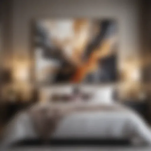 Elegant abstract artwork above a luxurious bed