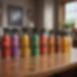 A collection of various pest sprays lined up on a wooden table
