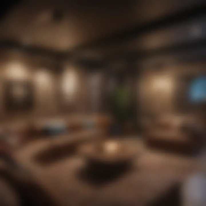 Cozy basement lounge area with ambient lighting and comfortable seating.