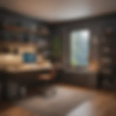 Functional basement home office with organized workspace.