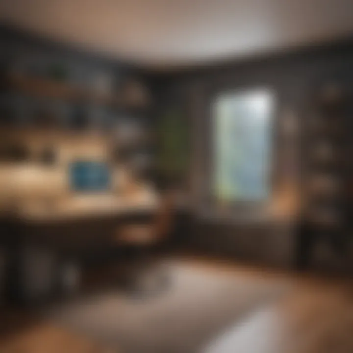 Functional basement home office with organized workspace.