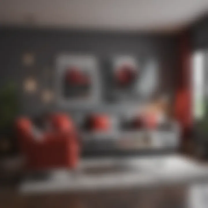 Cozy living space with harmonious grey and red color scheme