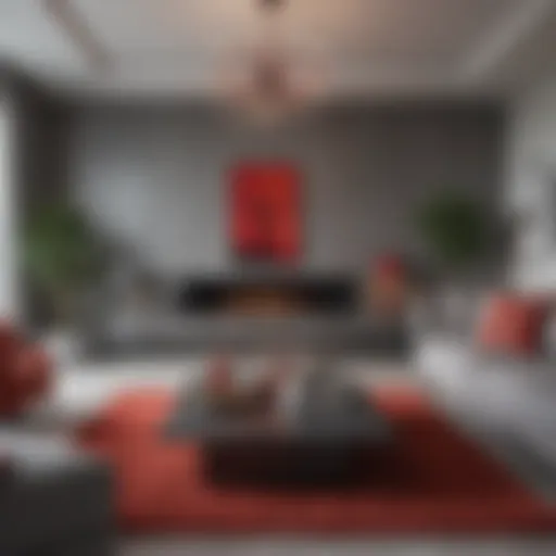 Elegant grey and red living room showcasing modern design elements