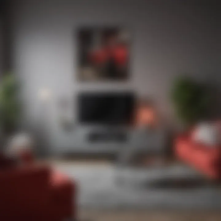 Stylish furniture arrangement in a grey and red themed living room