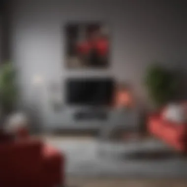 Stylish Furniture in Grey and Red Living Room Stylish furniture arrangement in a grey and red themed living room