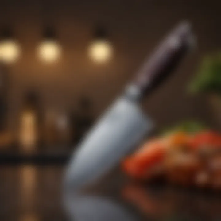 Close-up of a chef's knife with a shiny blade reflecting light