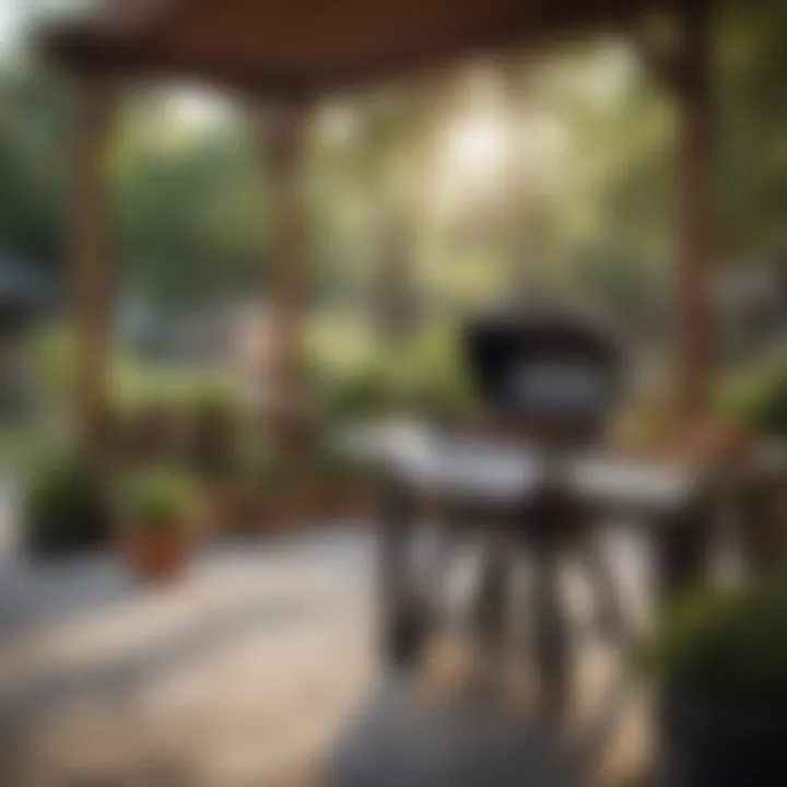 A beautifully set outdoor grilling area with a big BBQ grill as the centerpiece.