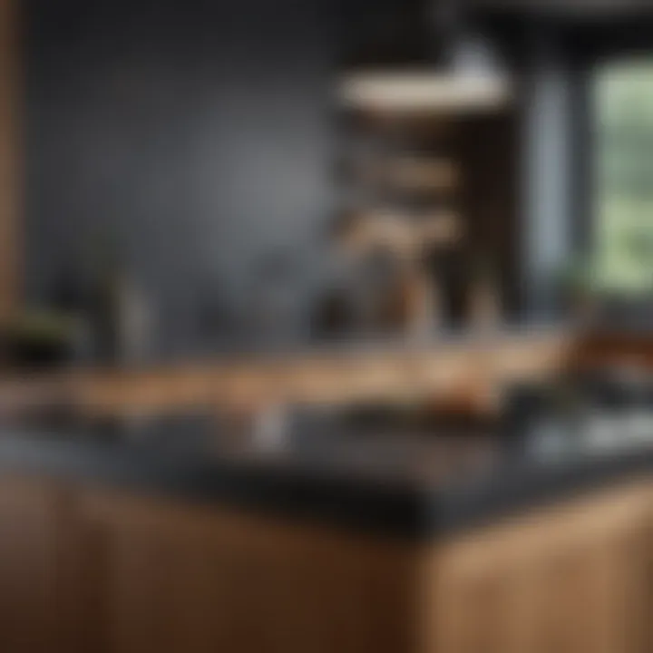 Chic black marble countertop paired with warm wooden cabinets