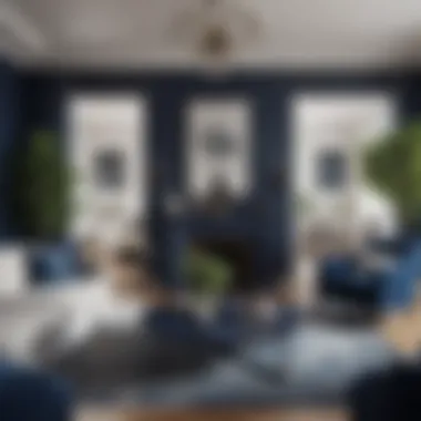 Elegant living room featuring navy blue accents