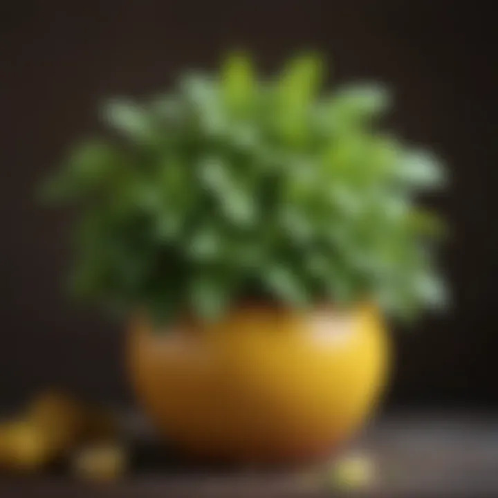 A vibrant lemon balm plant arranged in a decorative pot