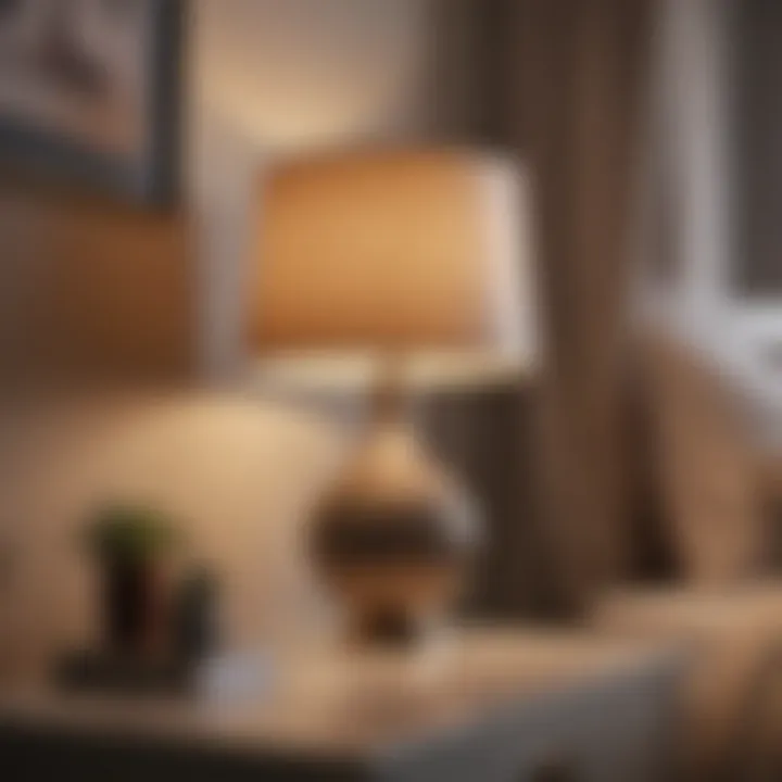 Close-up of a stylish bedside lamp illuminating a cozy reading nook