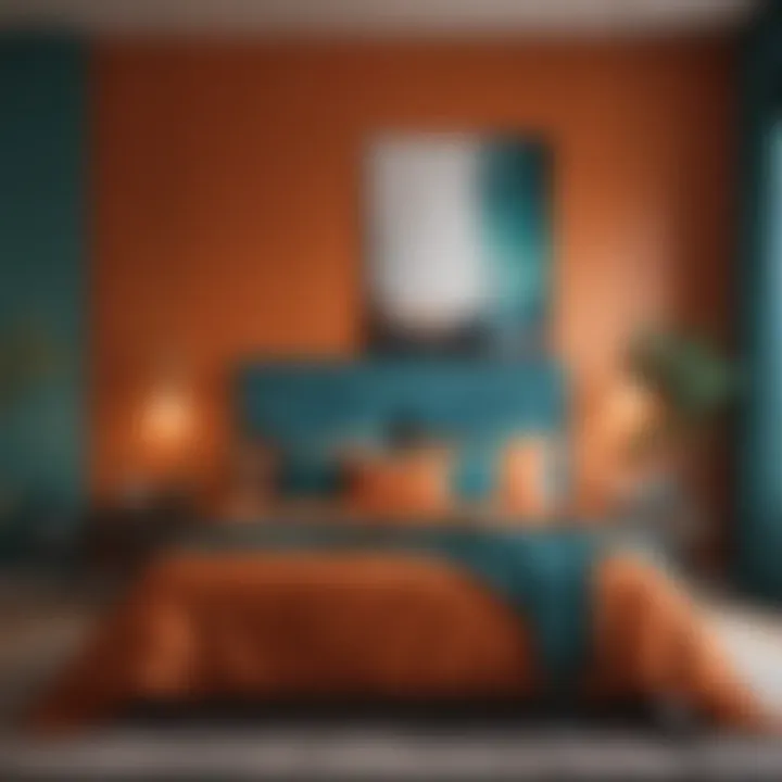 Burnt orange and teal color combination in a stylish bedroom