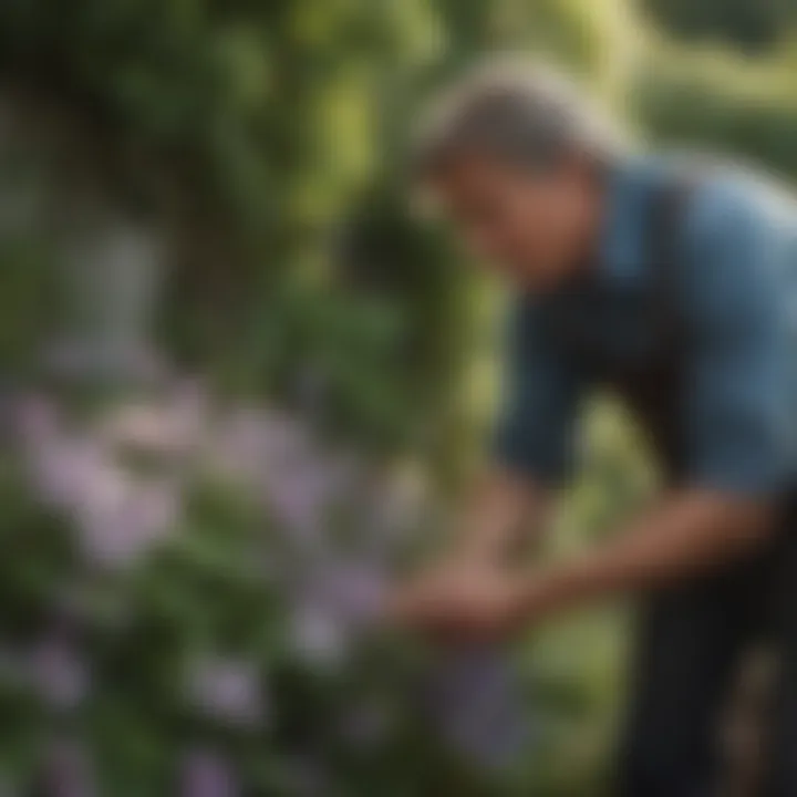 A gardener tending to Burpee Clematis, demonstrating proper care techniques