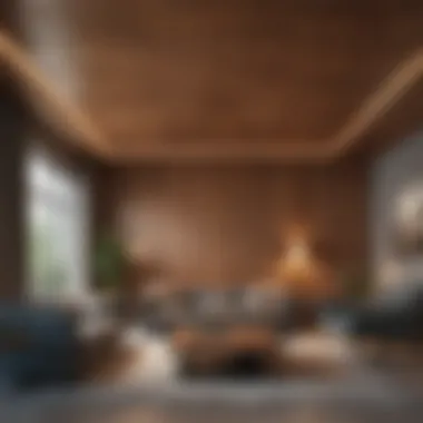 Modern Living Room with Wooden Ceiling Paneling Elegant wooden ceiling paneling in a modern living room setting