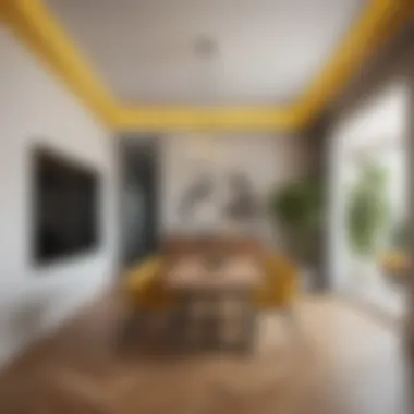 Modern dining area showcasing a vibrant yellow ceiling