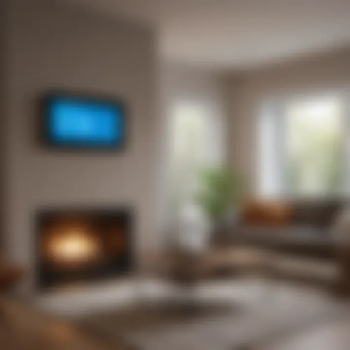 A cozy living room with a smart thermostat and energy-saving devices on display.