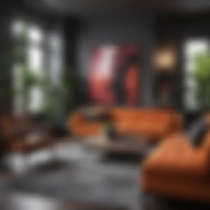 A bold living room featuring a striking monochromatic color palette