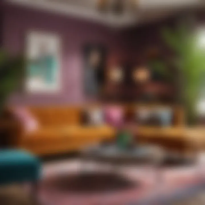 A vibrant living room decorated with eclectic and contrasting colors