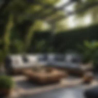 Stylish Outdoor Lounge A stylish outdoor lounge set against a lush garden backdrop
