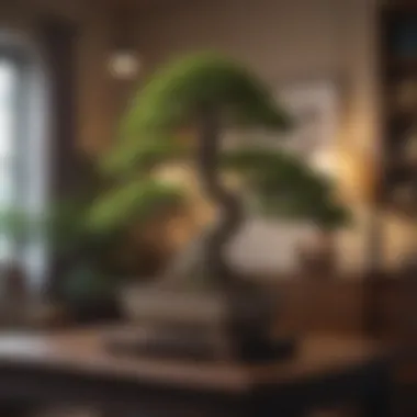 A captivating bonsai tree meticulously shaped and placed on a decorative table