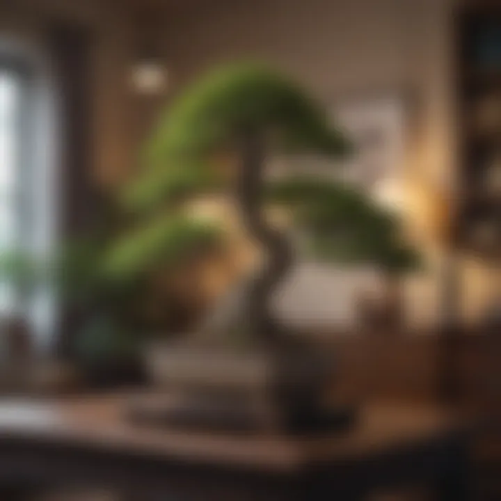 A captivating bonsai tree meticulously shaped and placed on a decorative table