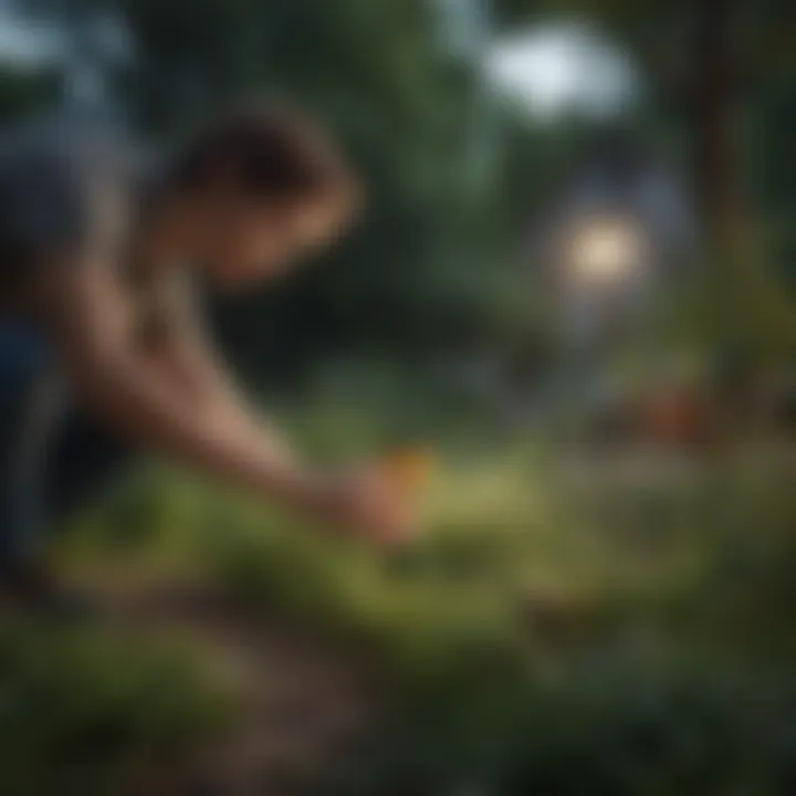 Person applying bug repellent in a garden