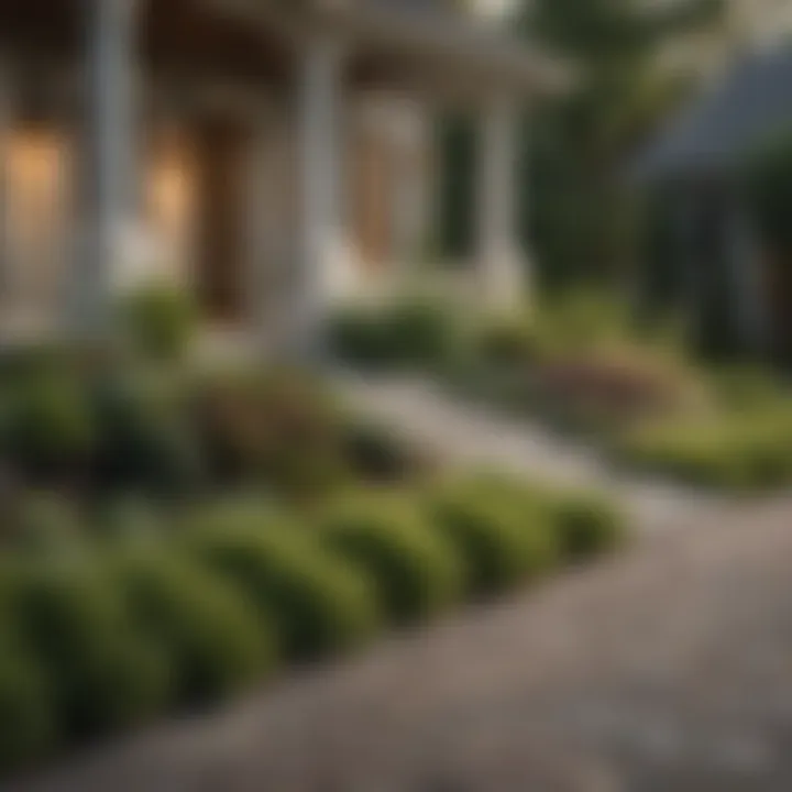 A serene front yard with a blend of greenery and artistic features, enhancing curb appeal.