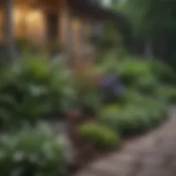 A beautifully designed front yard showcasing diverse plant species and decorative elements.