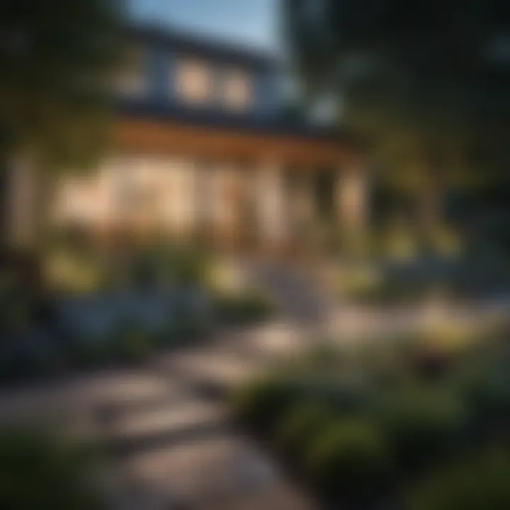 An innovative front yard layout featuring sustainable materials and eco-friendly practices.