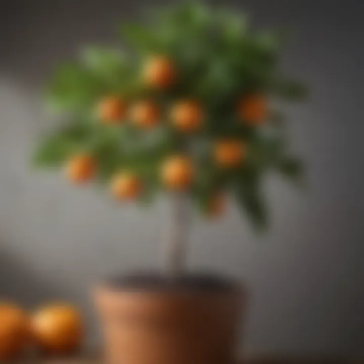 Close-up view of a potted citrus tree with ripe fruits and lush green leaves