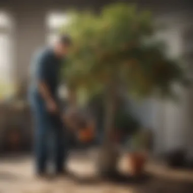 A gardener tending to a potted apple tree, illustrating care in home gardening