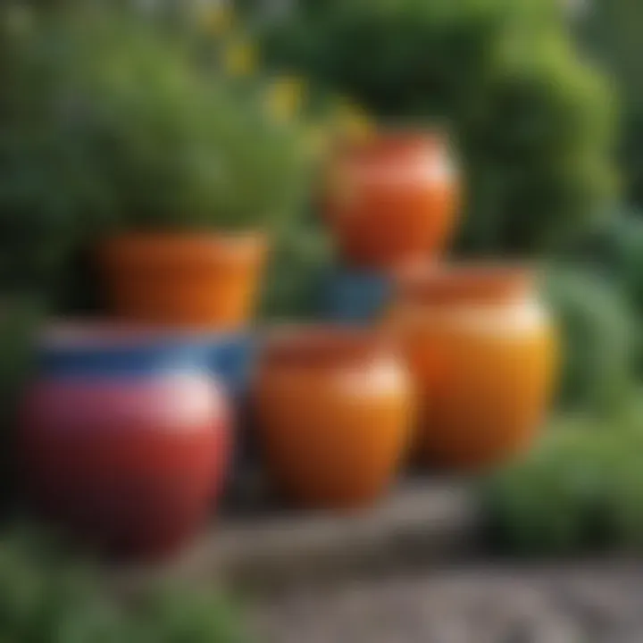 Colorful ceramic pots arranged in a vibrant garden setting