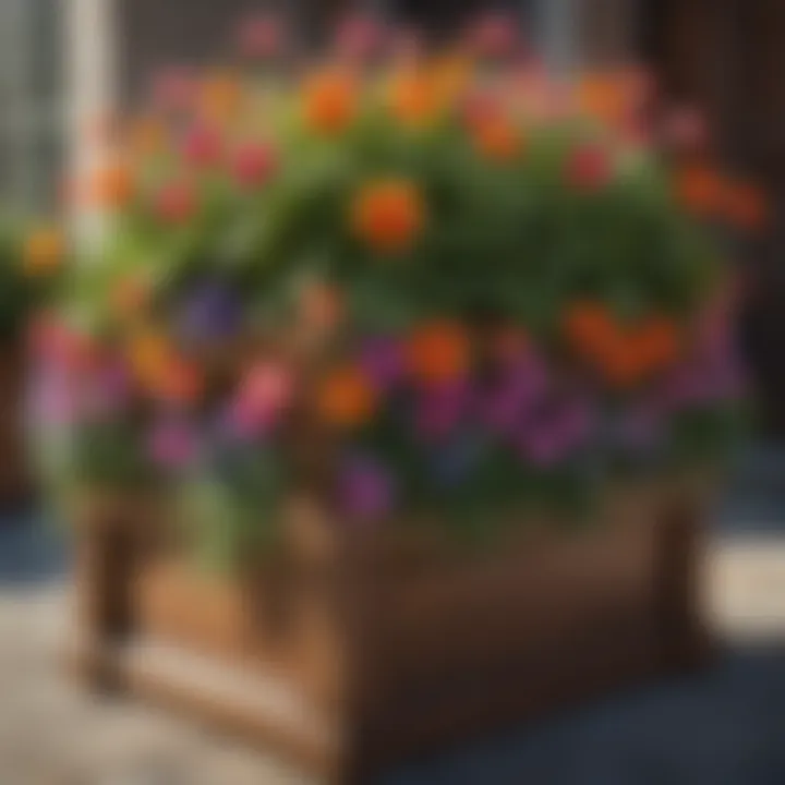 Large square planter box filled with vibrant flowers