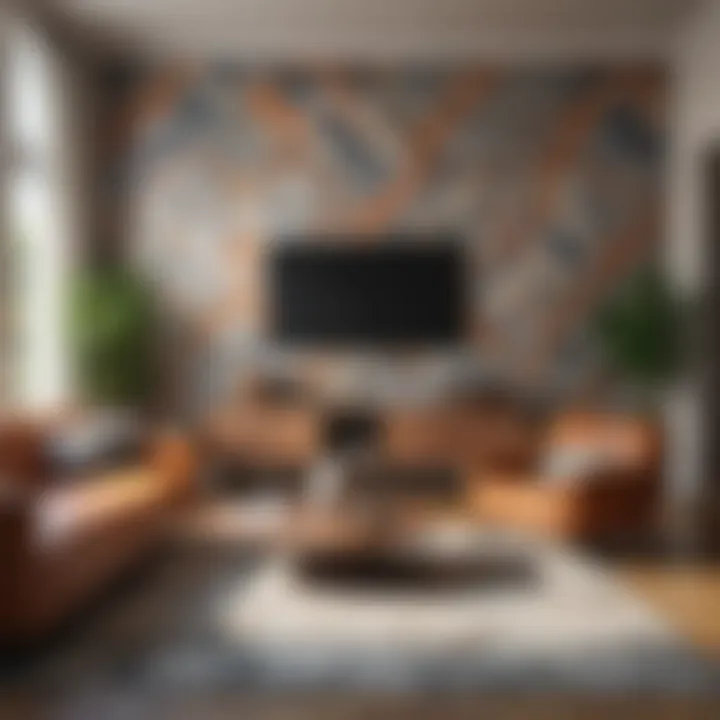 Modern living room with geometric patterned wallpaper