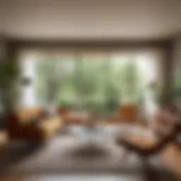 A serene living room showcasing mid-century minimalist furniture and decor.