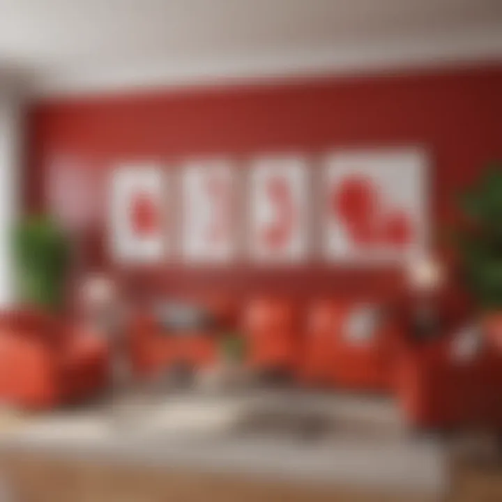 A vibrant living room featuring a bold red accent wall, showcasing energy and warmth.