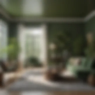 A modern living room adorned with earthy green hues, reflecting nature and calmness.