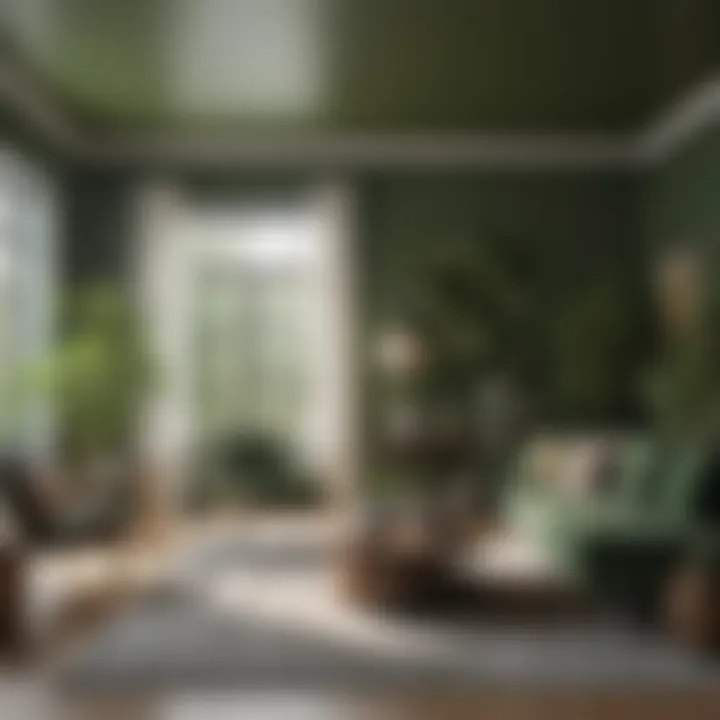 A modern living room adorned with earthy green hues, reflecting nature and calmness.