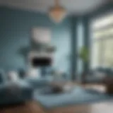 A serene living room painted in soft blue tones, highlighting tranquility.