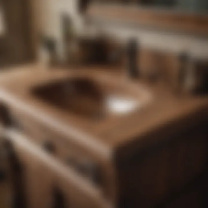 Close-up view of a rustic vanity's intricate details, including hardware and drawer designs.