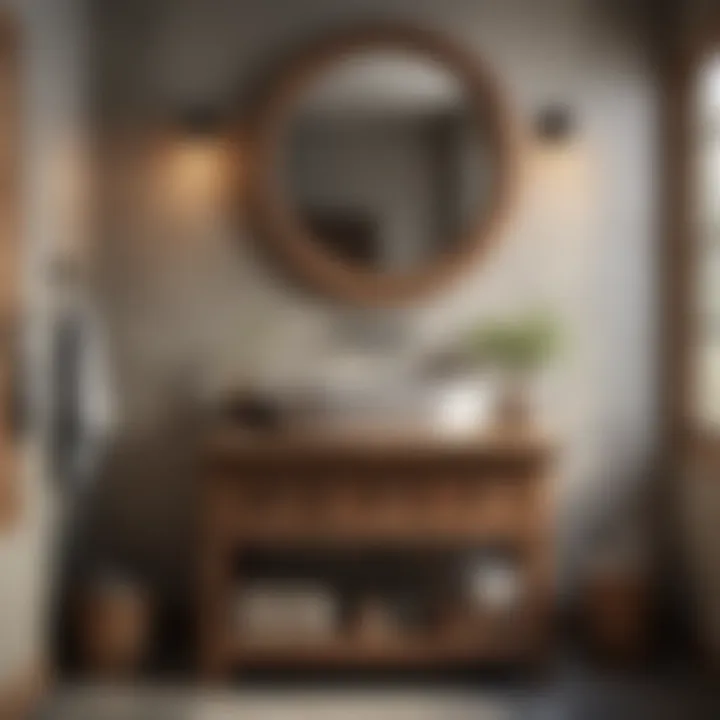 An elegant bathroom featuring a rustic vanity with a vintage sink and decorative accessories.