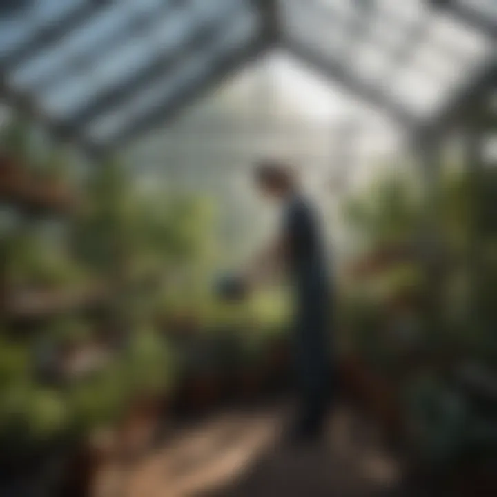 A gardener tending to plants in a small greenhouse setting.