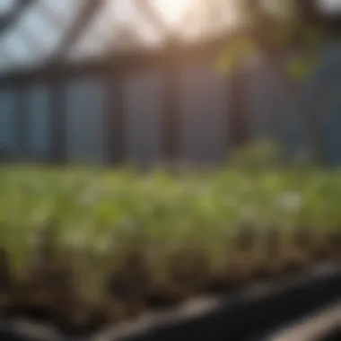 Close-up view of seedlings growing inside a greenhouse.