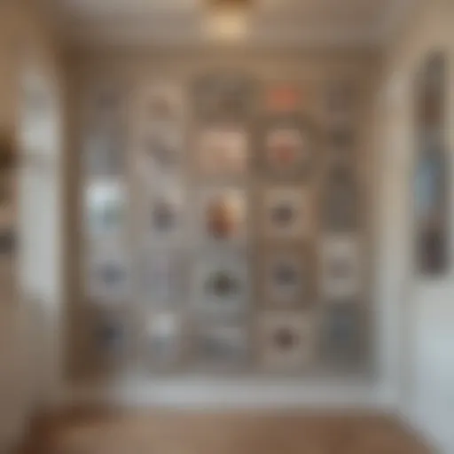 A beautifully arranged gallery wall above a doorway, showcasing diverse art styles.