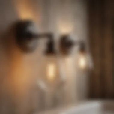 Vintage style wall sconces illuminating a rustic bathroom