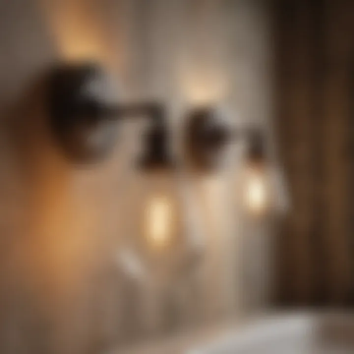 Vintage style wall sconces illuminating a rustic bathroom