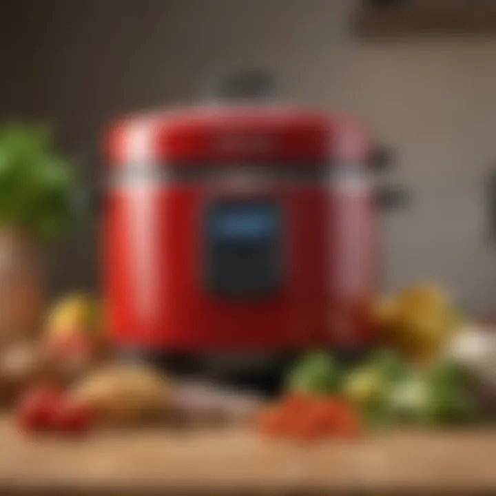 Stylish red KitchenAid crock pot surrounded by fresh ingredients