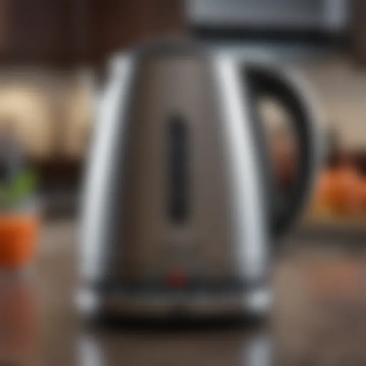 Close-up view of Macy's electric tea kettle's innovative features